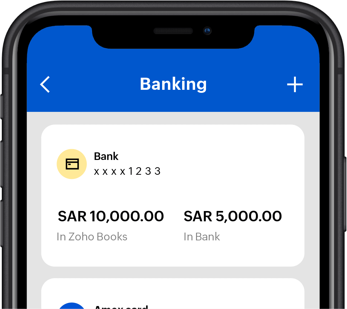Zoho Books mobile app interface shows the banking module