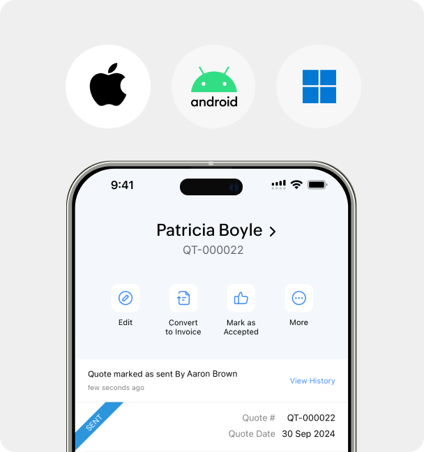 Mobile interface from the Zoho Books app that's available on Android, iOS, Windows displays a quote with options for quick actions